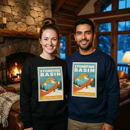 Stonepine Basin vintage ski resort crewneck sweatshirt — lifestyle