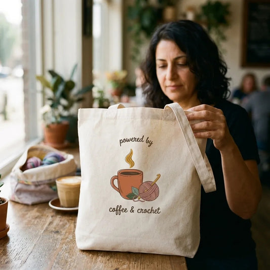 Powered by Coffee and Crochet cottagecore crochet cotton tote bag — lifestyle