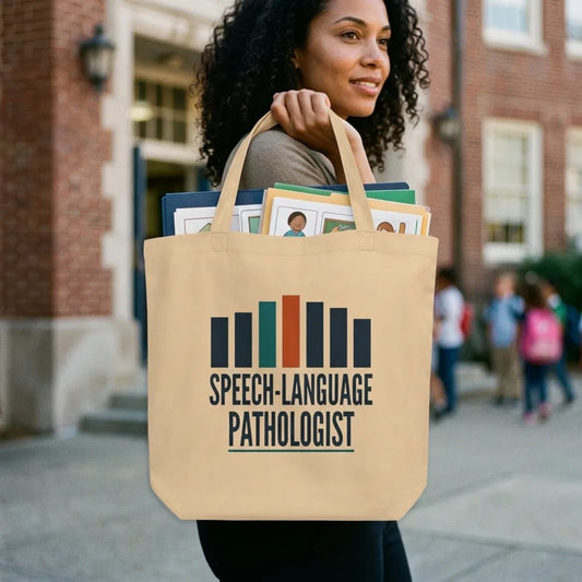 Mid-Century Clinic speech therapy canvas tote bag — lifestyle