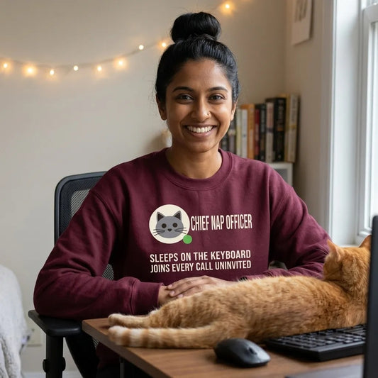 Chief Nap Officer cat profile card crewneck sweatshirt — lifestyle