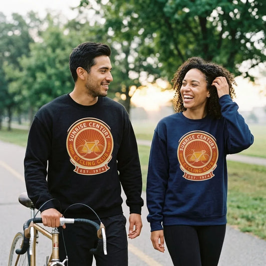 Sunrise Century C.C. retro cycling club badge crewneck — lifestyle