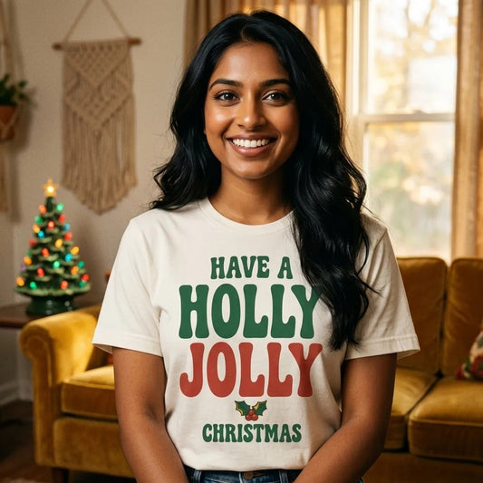 Groovy Holly Jolly retro Christmas tee — lifestyle