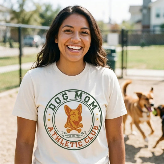 Dog Mom Athletic Club vintage varsity crest tee — lifestyle