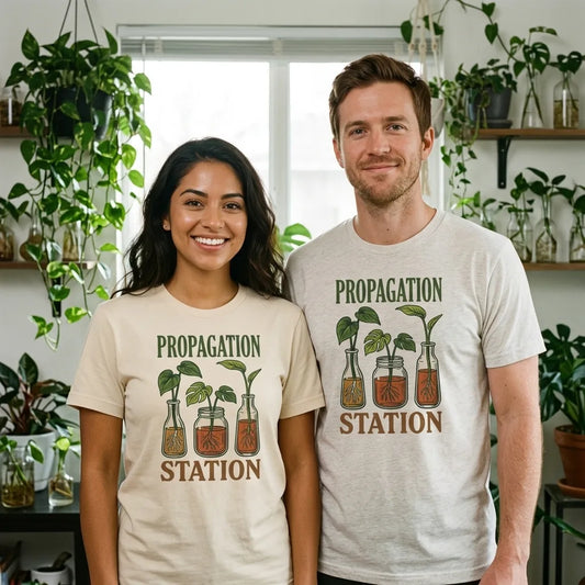 Propagation Station retro botanical plant lover tee — two friends in a plant-filled living room, Natural and Heather Natural