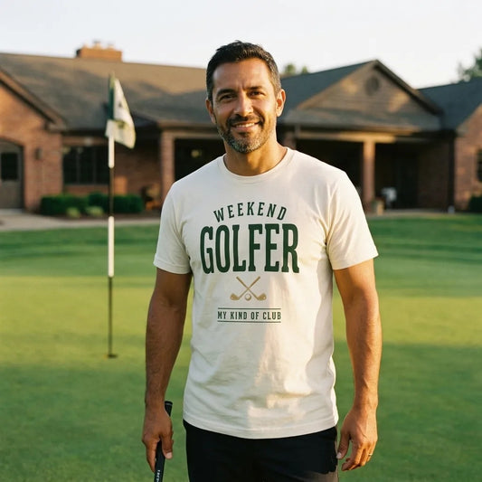 Weekend Golfer vintage golf wordmark tee — lifestyle
