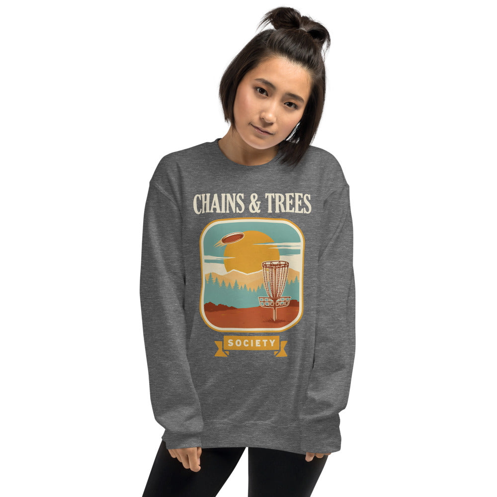 Chains & Trees Society disc golf retro landscape crewneck sweatshirt — Graphite Heather, on model