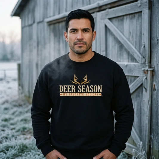Deer Season My Favorite Holiday deer hunting crewneck sweatshirt — lifestyle