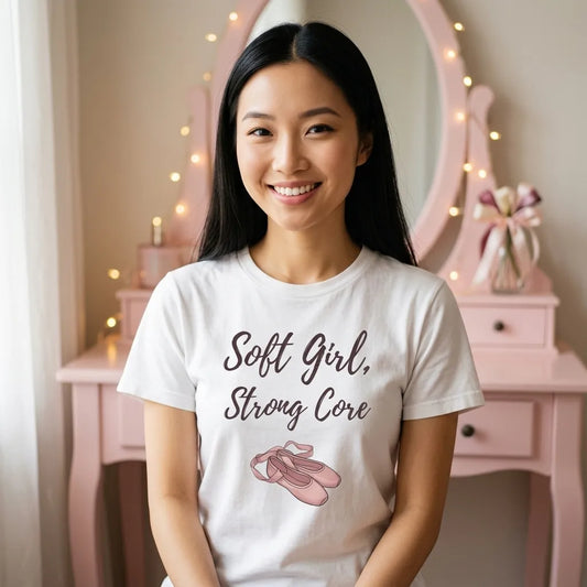 Soft Girl Strong Core ballet coquette pilates tee — lifestyle