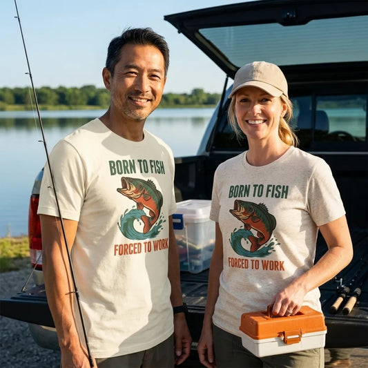Born to Fish Forced to Work retro fishing humor tee — lifestyle
