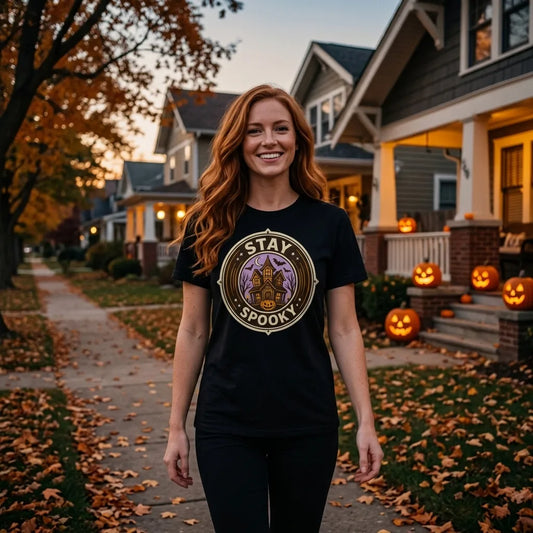 Stay Spooky retro Halloween vintage badge tee — lifestyle