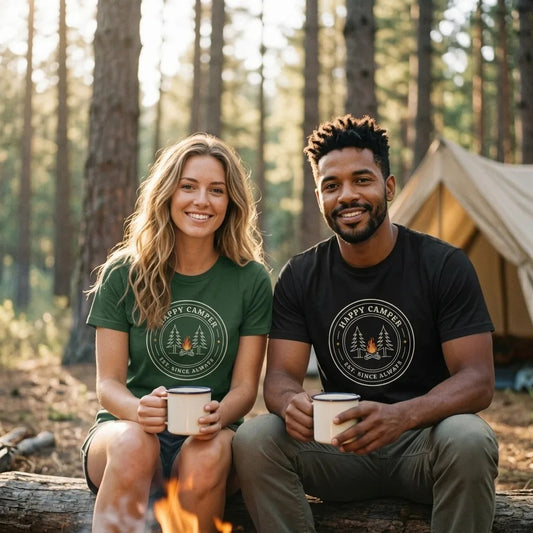 Happy Camper retro camp badge tee — two friends at a forest campsite, Forest and Black