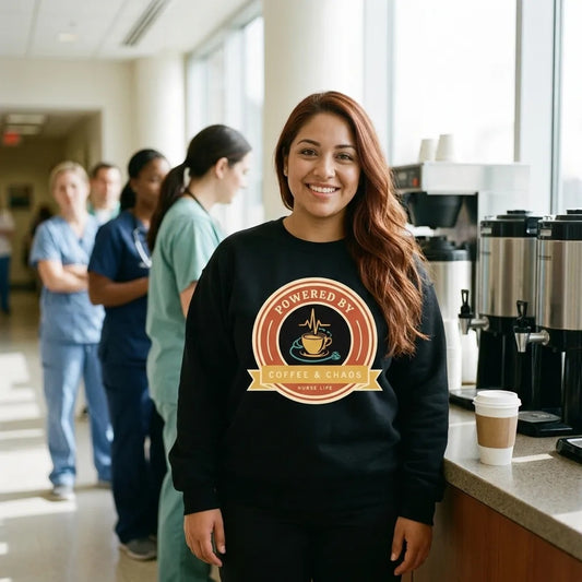 Powered by Coffee & Chaos retro nurse badge crewneck sweatshirt — lifestyle