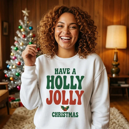 Groovy Holly Jolly retro Christmas crewneck sweatshirt — lifestyle