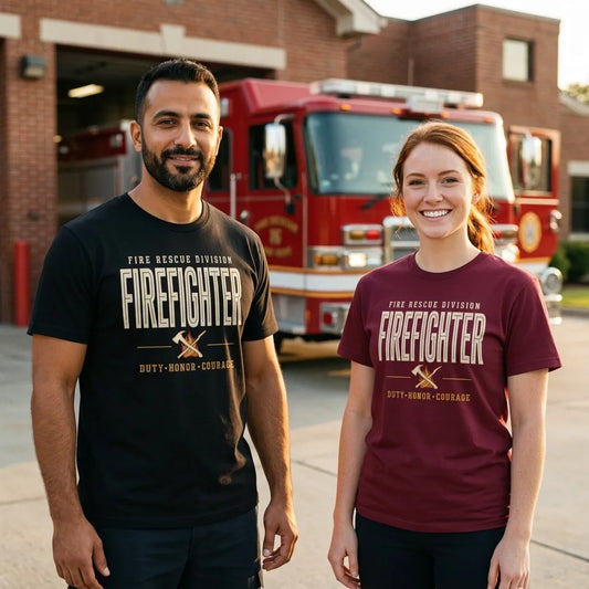 Firefighter collegiate wordmark retro fire-rescue tee — lifestyle