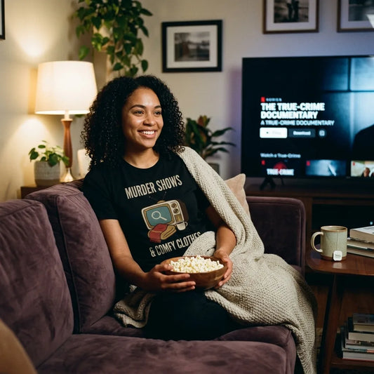 Murder Shows and Comfy Clothes cozy true crime tee — woman on the couch under a blanket on a true crime documentary night