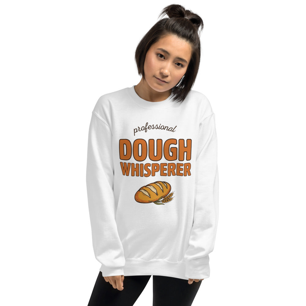 Professional Dough Whisperer funny baker crewneck sweatshirt — White, on model