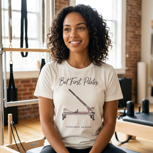 But First Pilates reformer line-art tee — lifestyle
