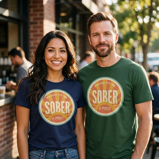 Sober & Proud retro sunburst tee — lifestyle