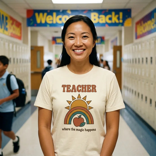 Teacher in a Natural Where The Magic Happens retro groovy teacher tee smiling in a busy school hallway