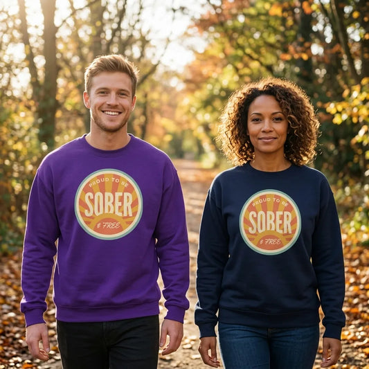 Sober & Proud retro sunburst crewneck sweatshirt — lifestyle