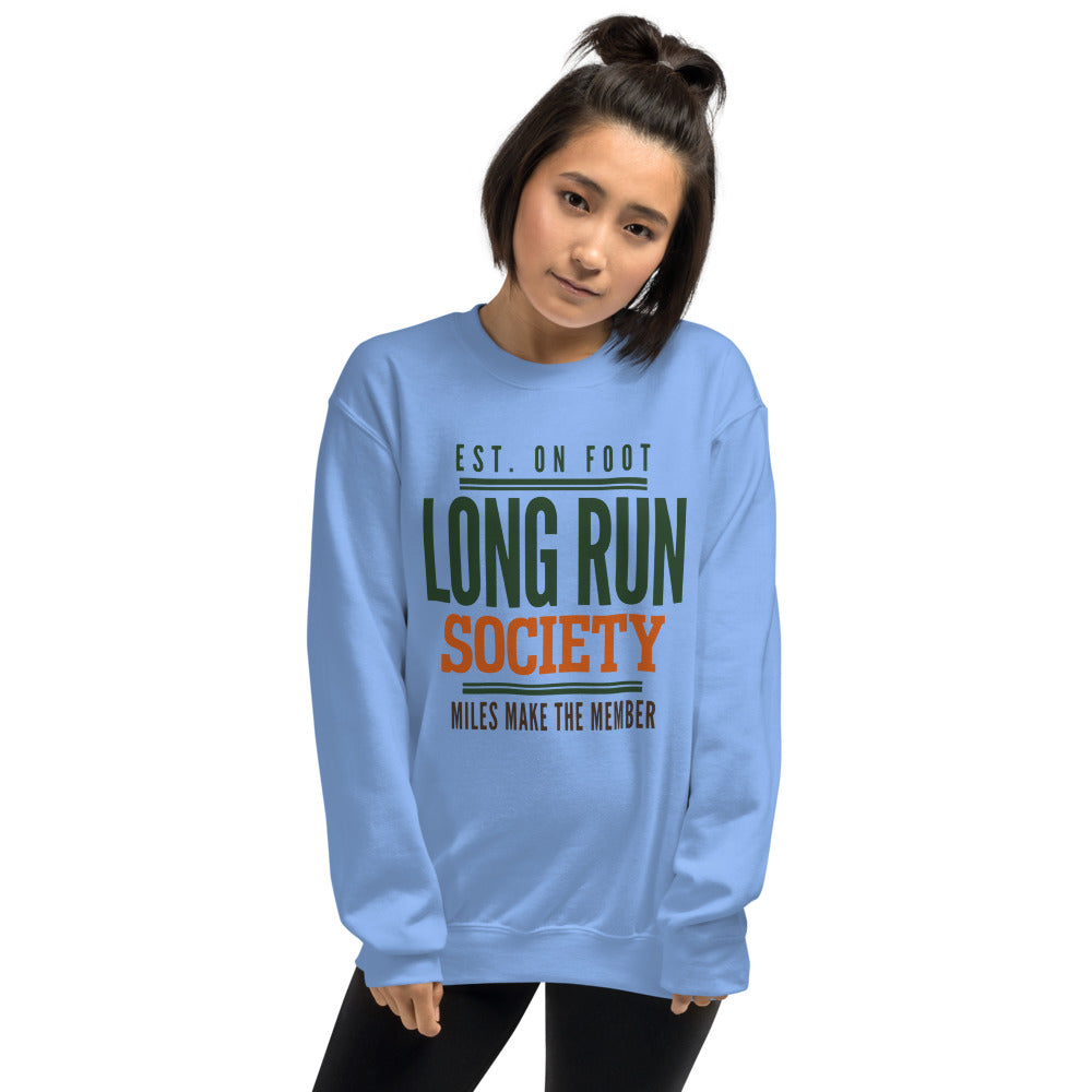 Long Run Society retro running crewneck sweatshirt — Carolina Blue, on model