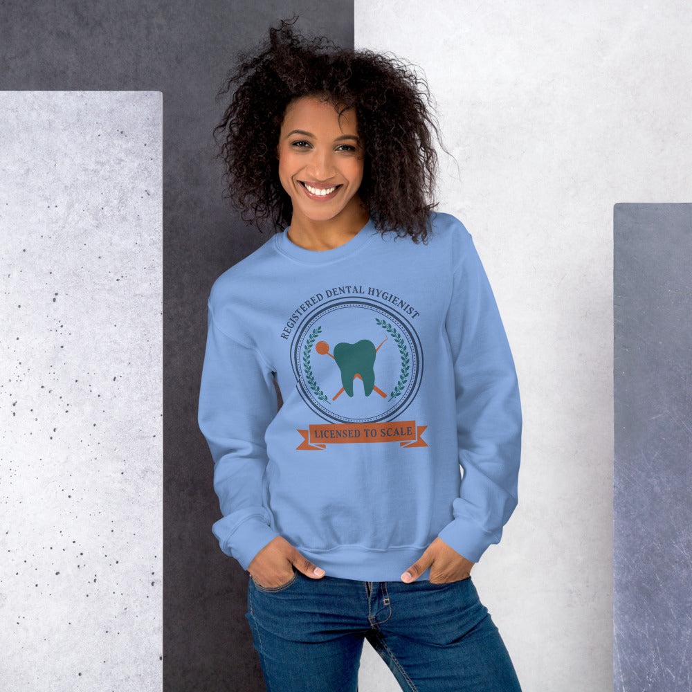 Licensed to Scale registered dental hygienist crewneck sweatshirt — Carolina Blue, on model