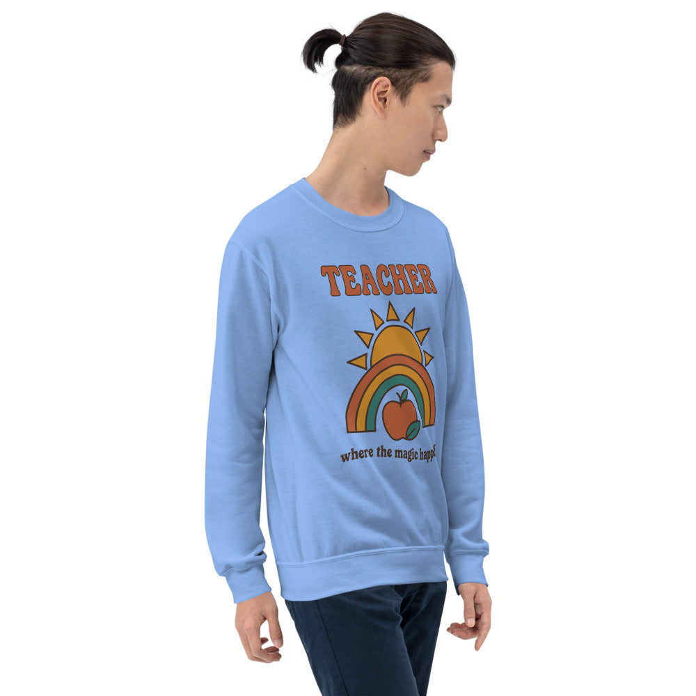 Teacher Where The Magic Happens retro groovy teacher crewneck sweatshirt — Carolina Blue, on model