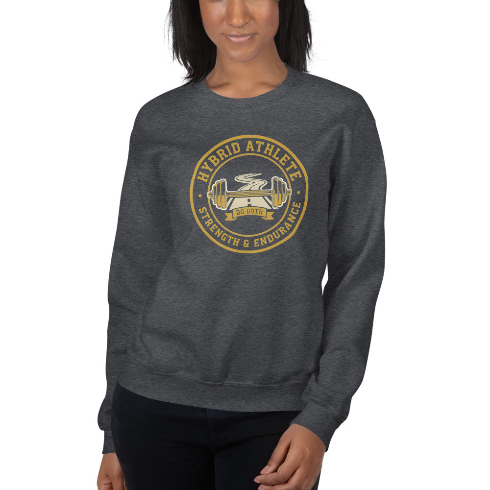 Hybrid Athlete vintage athletic-department crest crewneck sweatshirt — Dark Heather, on model