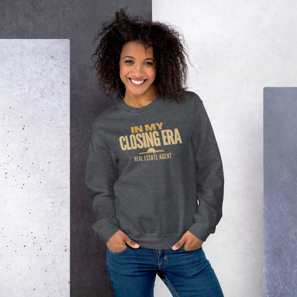 In My Closing Era real estate agent crewneck sweatshirt — Dark Heather, on model