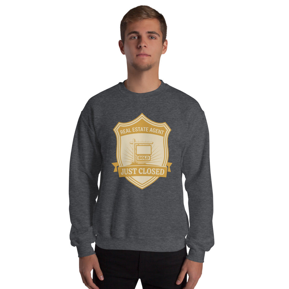Just Closed real estate agent crewneck sweatshirt — Dark Heather, on model