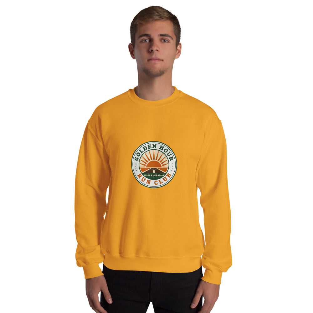 Golden Hour Run Club retro running crewneck sweatshirt — Gold, on model