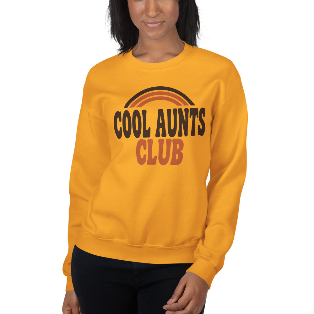 Cool Aunts Club retro groovy aunt crewneck sweatshirt — Gold, on model