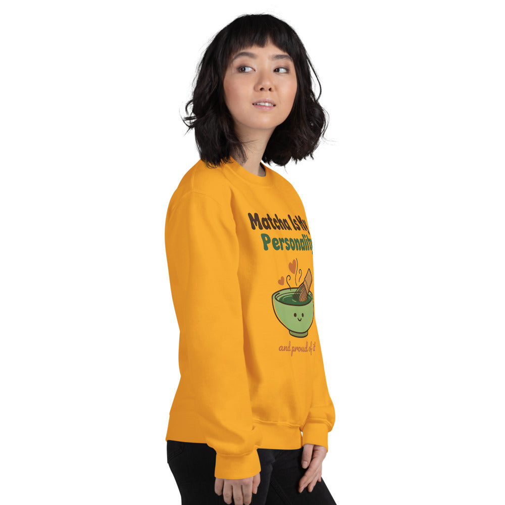 Matcha Is My Personality retro matcha crewneck sweatshirt — Gold, on model