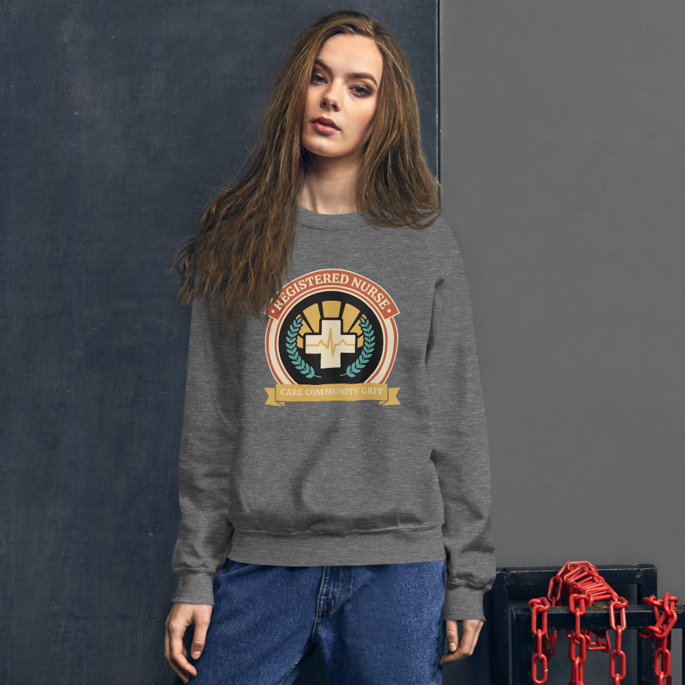 Registered Nurse vintage healthcare emblem badge crewneck sweatshirt — Graphite Heather, on model
