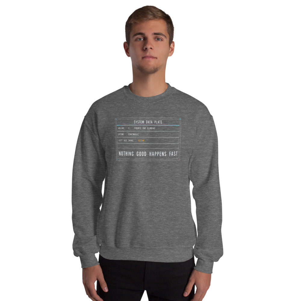 Nothing Good Happens Fast reef system data plate saltwater aquarium crewneck sweatshirt — Graphite Heather, on model