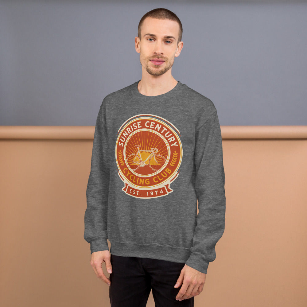 Sunrise Century C.C. retro cycling club badge crewneck — Graphite Heather, on model