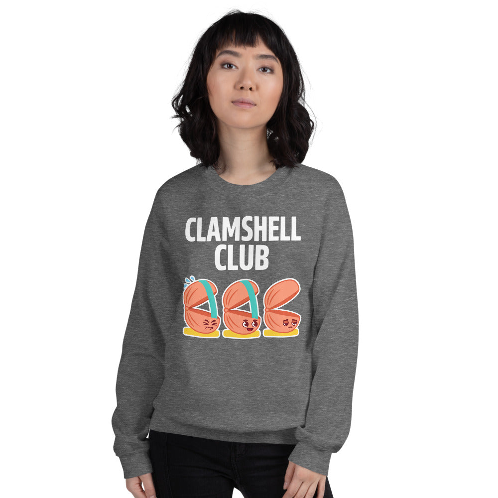Clamshell Club funny physical therapy crewneck sweatshirt — Graphite Heather, on model