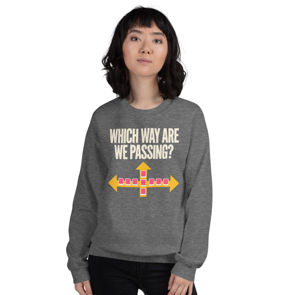 Which Way Are We Passing funny mahjong crewneck sweatshirt — Graphite Heather, on model