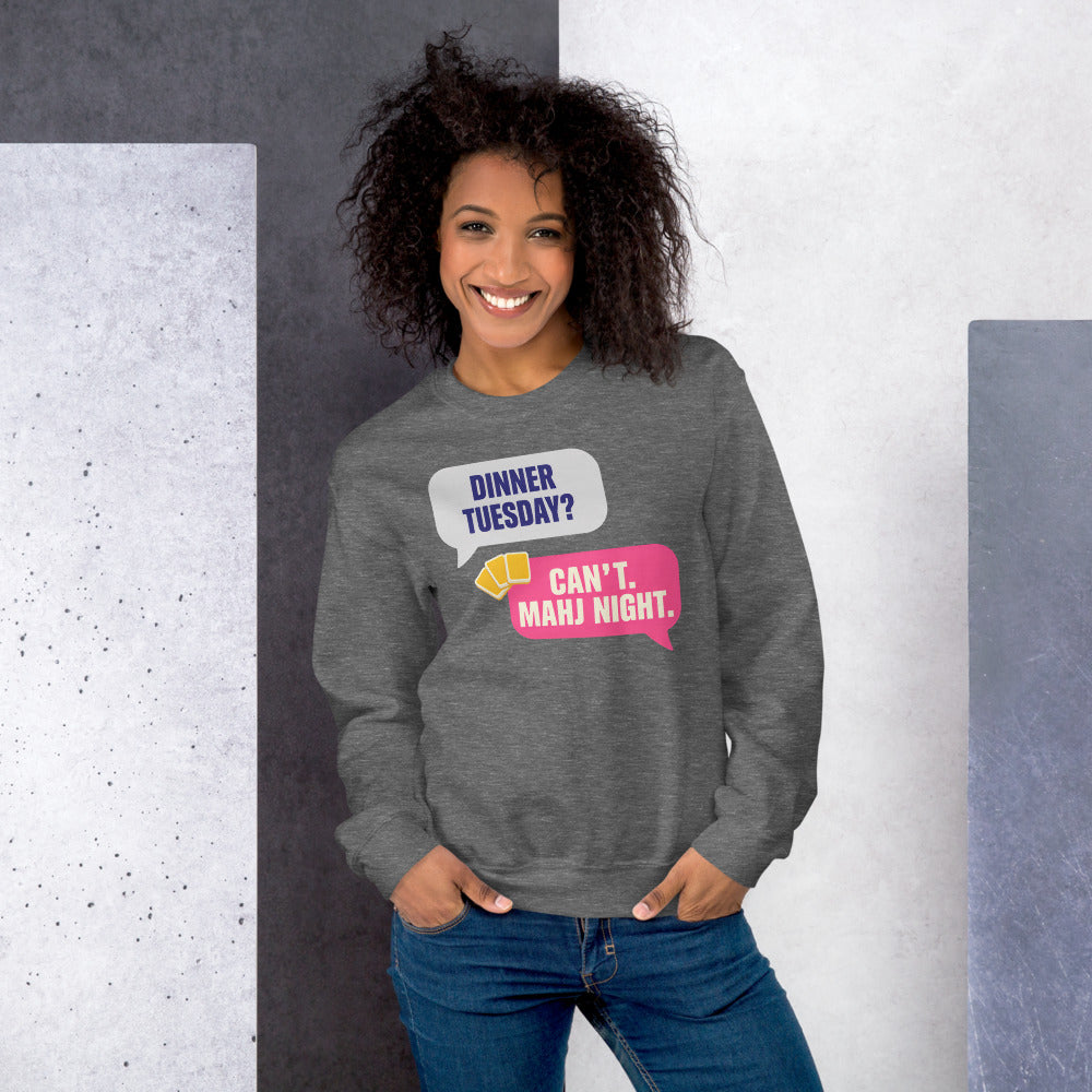 Mahj Night funny mahjong crewneck sweatshirt — Graphite Heather, on model