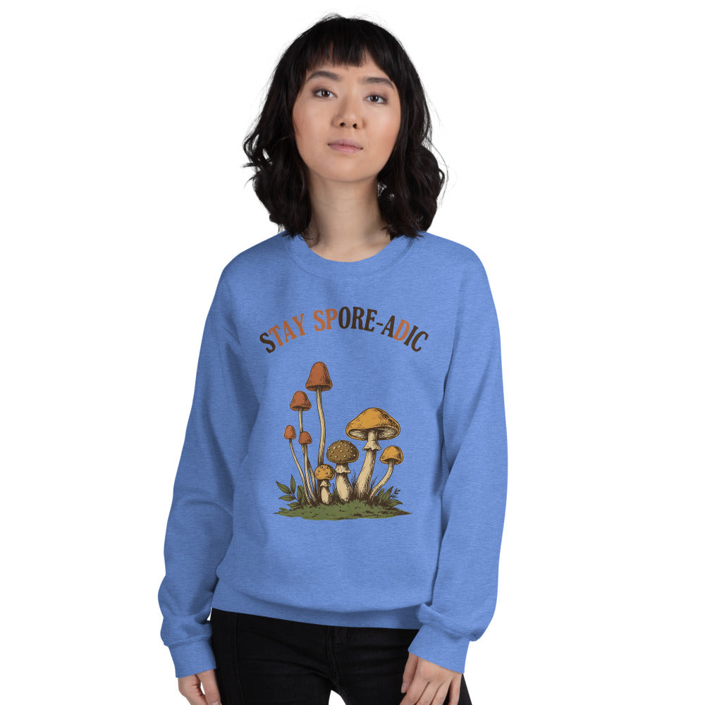 Stay Spore-adic funny vintage mushroom crewneck — Heather Deep Royal, on model