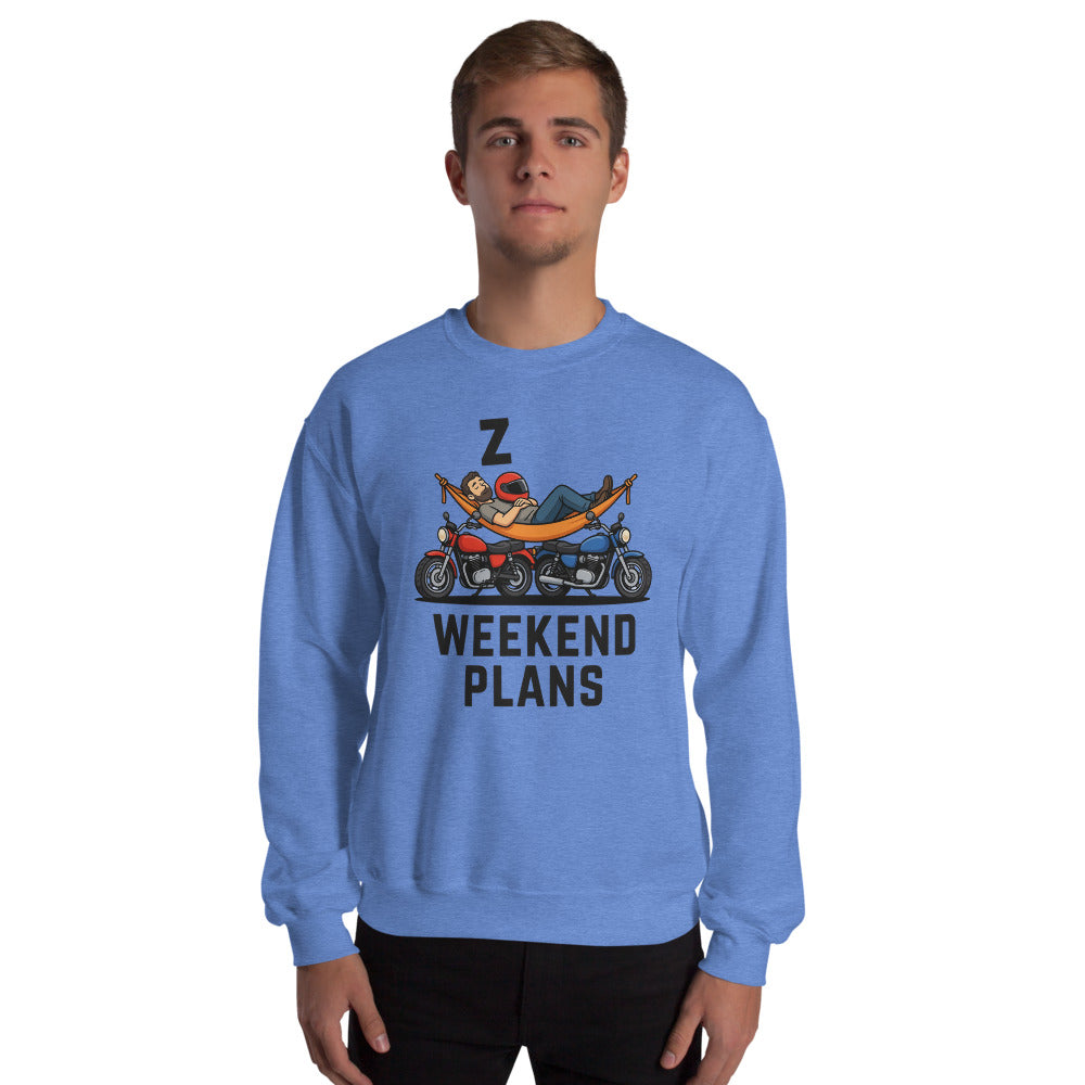 Weekend Plans funny motorcycle dad crewneck sweatshirt — Heather Deep Royal, on model