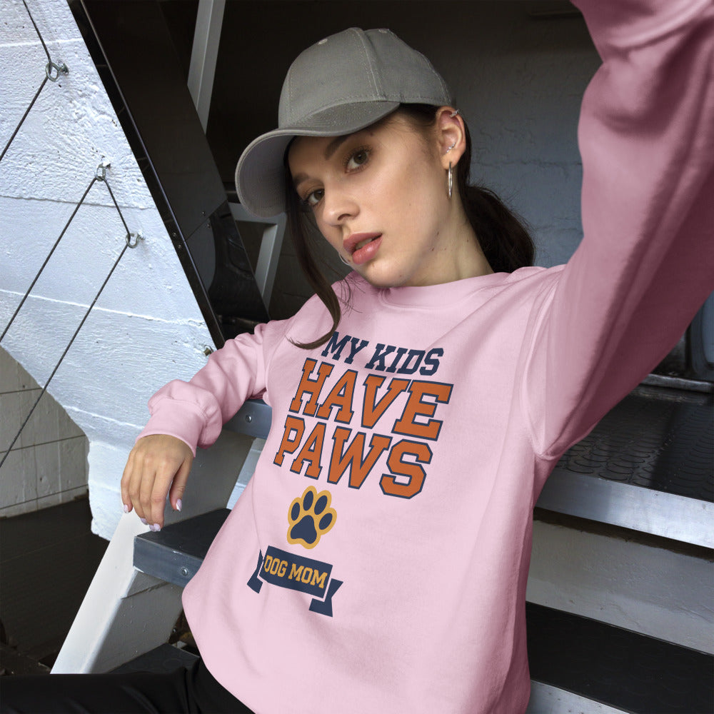 My Kids Have Paws funny dog mom crewneck sweatshirt — Light Pink, on model