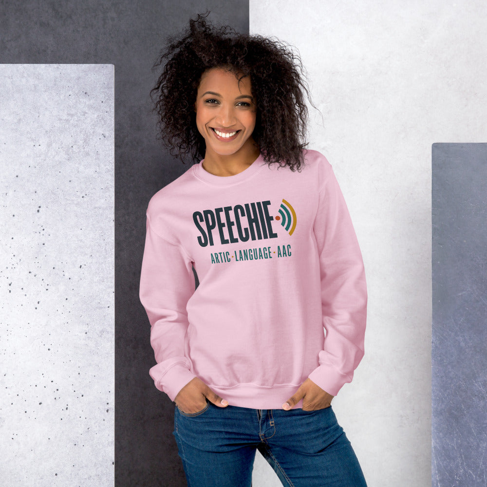 Speechie Wordmark speech therapy crewneck sweatshirt — Light Pink, on model