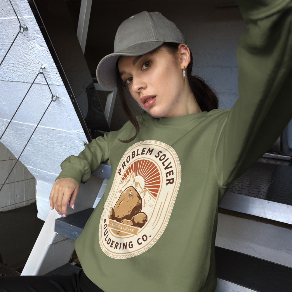 Problem Solver Bouldering Badge crewneck sweatshirt — Military Green, on model