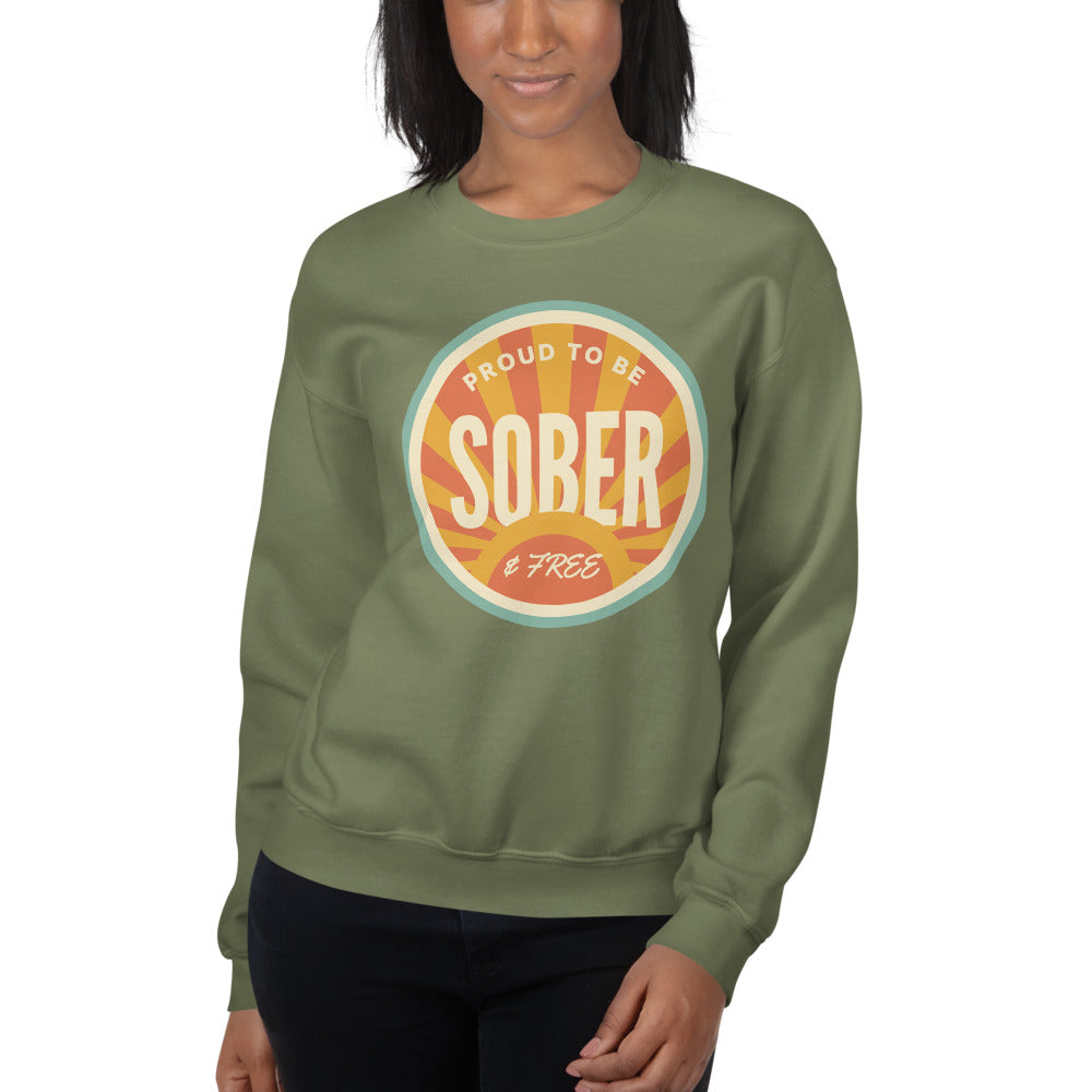 Sober & Proud retro sunburst crewneck sweatshirt — Military Green, on model