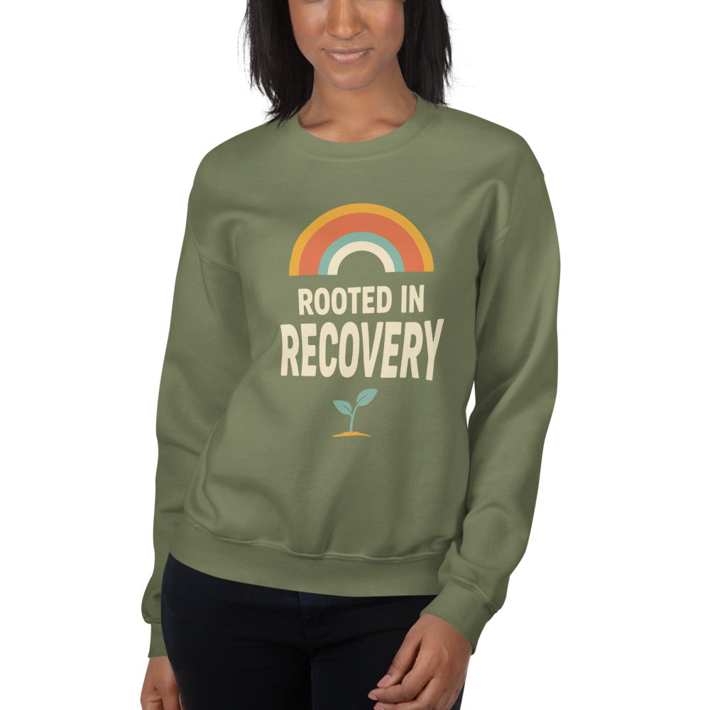 Rooted in Recovery retro rainbow crewneck sweatshirt — Military Green, on model