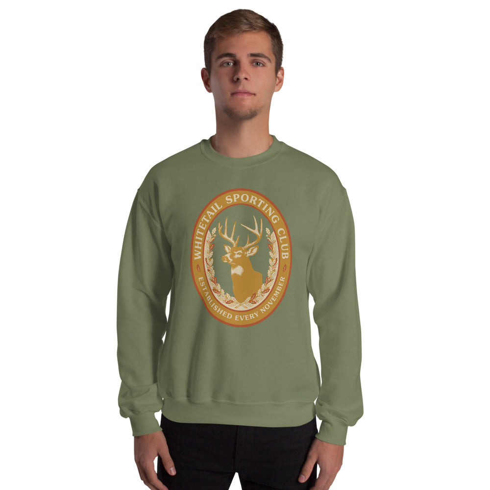 Whitetail Sporting Club vintage deer hunting crewneck sweatshirt — Military Green, on model