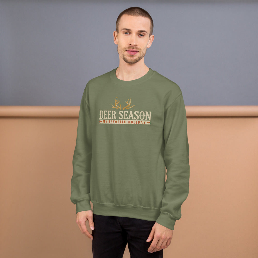 Deer Season My Favorite Holiday deer hunting crewneck sweatshirt — Military Green, on model