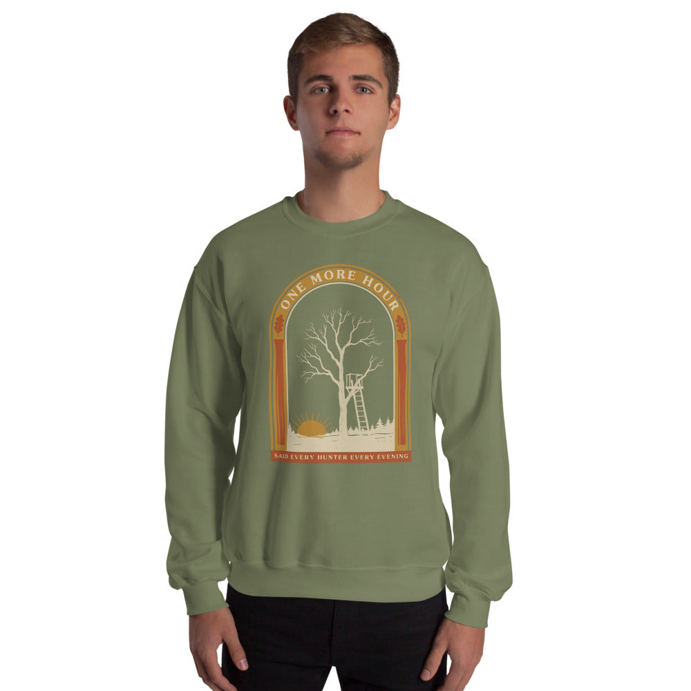One More Hour funny deer hunting crewneck — Military Green, on model
