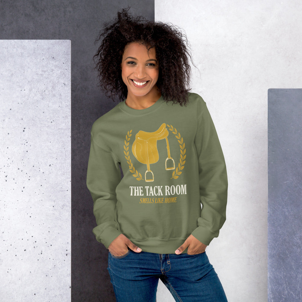 The Tack Room engraved equestrian saddle crest crewneck sweatshirt — Military Green, on model